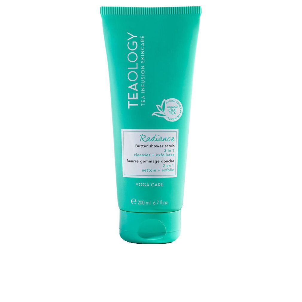 Turquoise tube met wit etiket. Opschrift: Radiance Butter Shower Scrub, 2 in 1. Merk: Teaology.