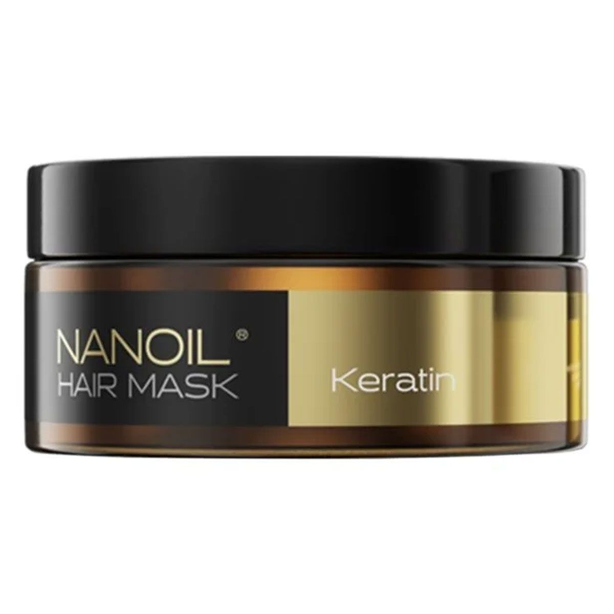 Masque capillaire Nanoil à la kératine dans un pot brun avec un couvercle noir.