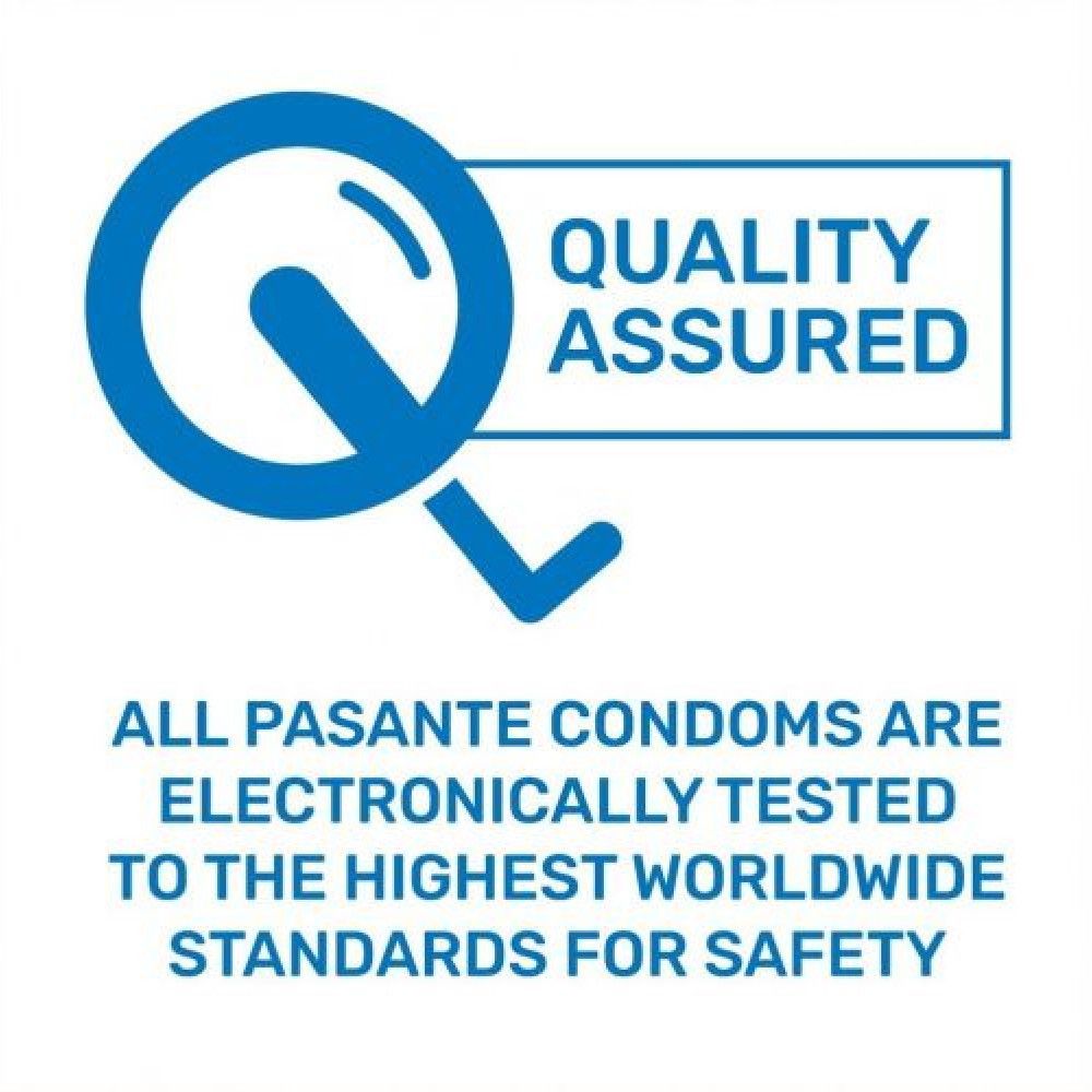 Logo bleu avec texte : QUALITY ASSURED. Texte : Tous les préservatifs Pasante sont testés électroniquement selon les normes.