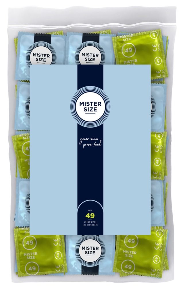 Zak met condooms. Blauwe en groene verpakkingen. Opschrift: Mister Size, 49. 100 condooms.