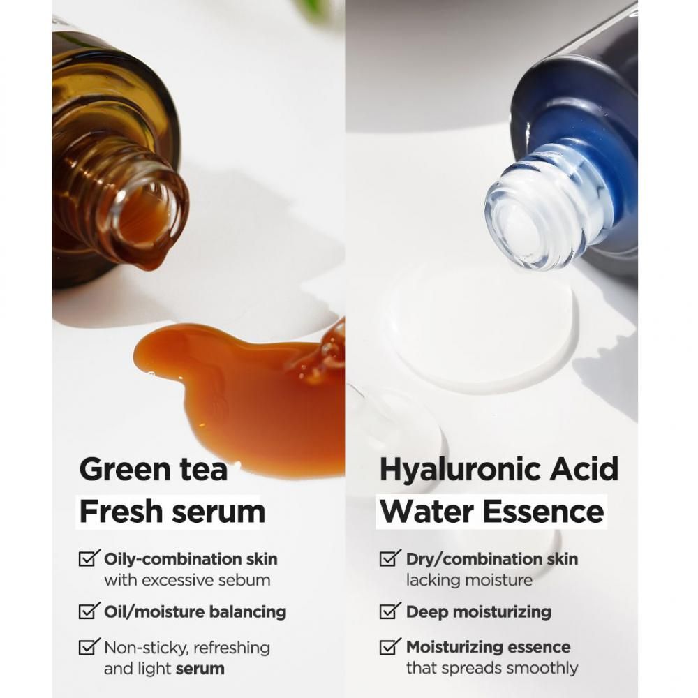 Comparaison de deux sérums. Gauche : Green Tea Fresh Serum. Droite : Hyaluronic Acid Water Essence. Texte et symboles.