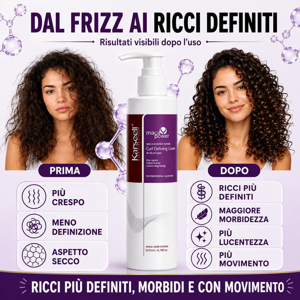 Flacon pompe de crème pour boucles, avec images avant/après de cheveux bouclés.