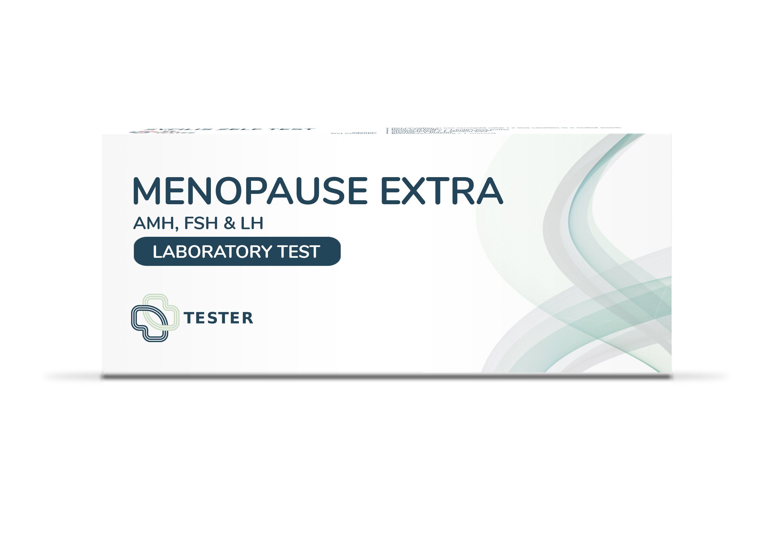 Doos met "MENOPAUSE EXTRA". Bevat AMH, FSH & LH. "LABORATORY TEST" en "TESTER" zijn ook zichtbaar.