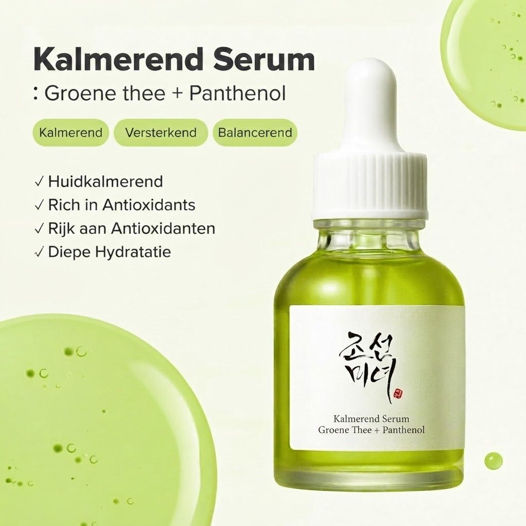 Groen serum in glazen fles met pipet. Etiket met Koreaanse tekst en "Kalmerend Serum Groene Thee + Panthenol".