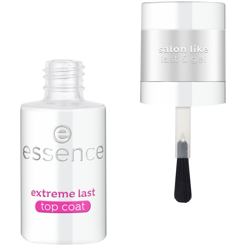 Essence Top Coat Extreme Halt. Flacon transparent, pinceau et bouchon. Inscription rose 'extreme last top coat'.