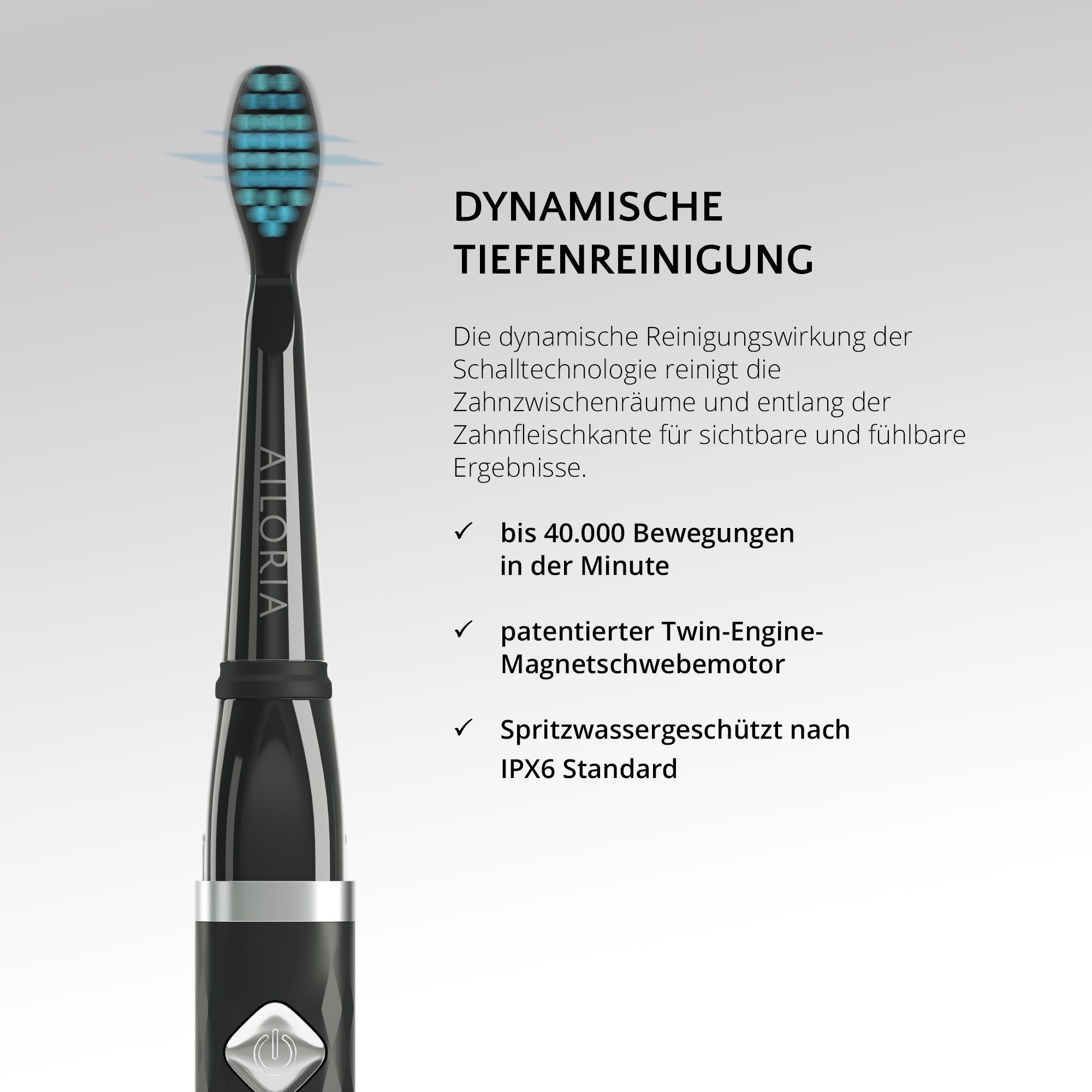 Brosse à dents noire avec poils bleus. Nettoyage en profondeur dynamique. Jusqu'à 40 000 mouvements/minute. Norme IPX6.