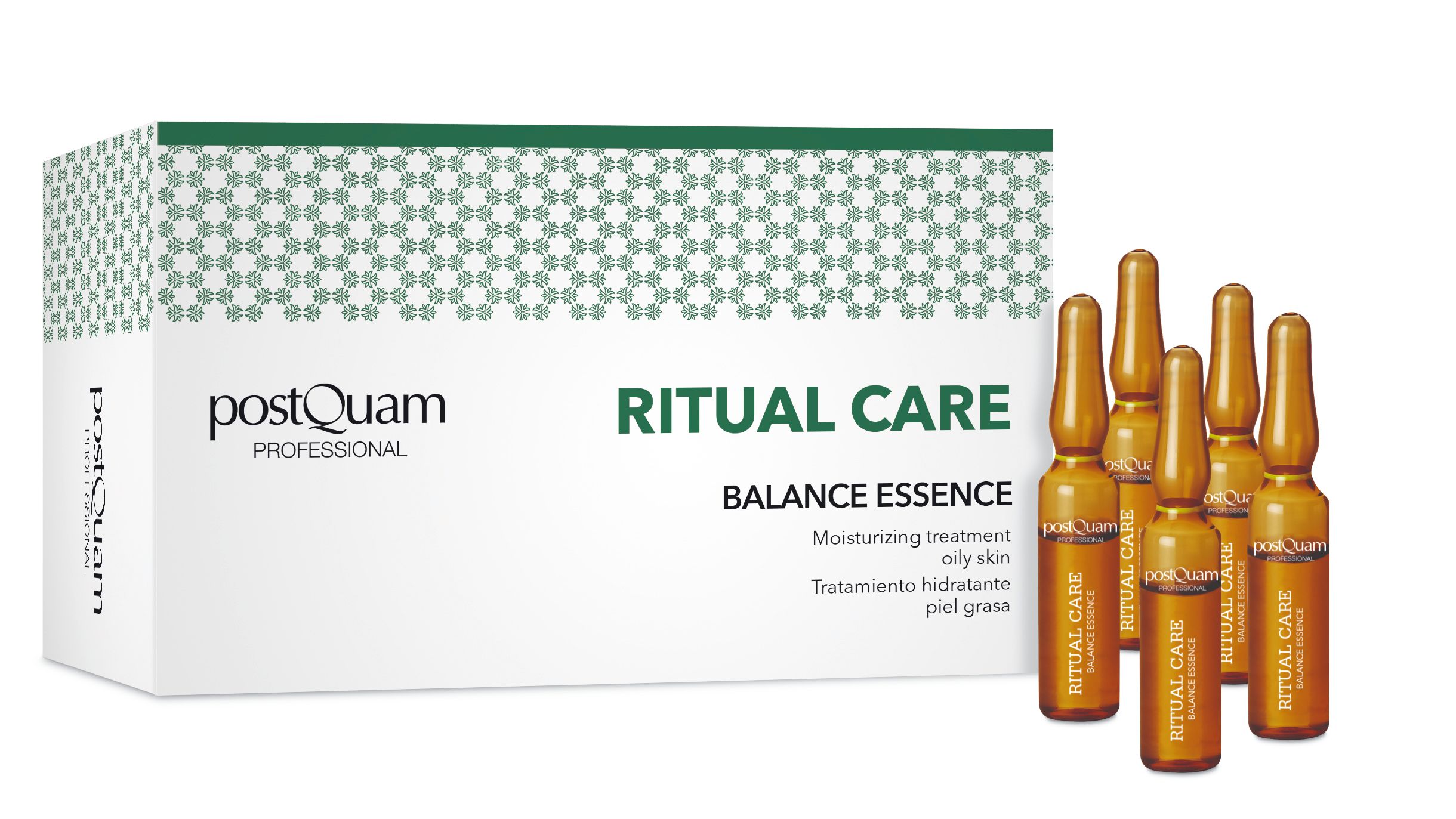 Boîte et ampoules Postquam Ritual Care Balance Essence. Inscription : Moisturizing treatment, oily skin.