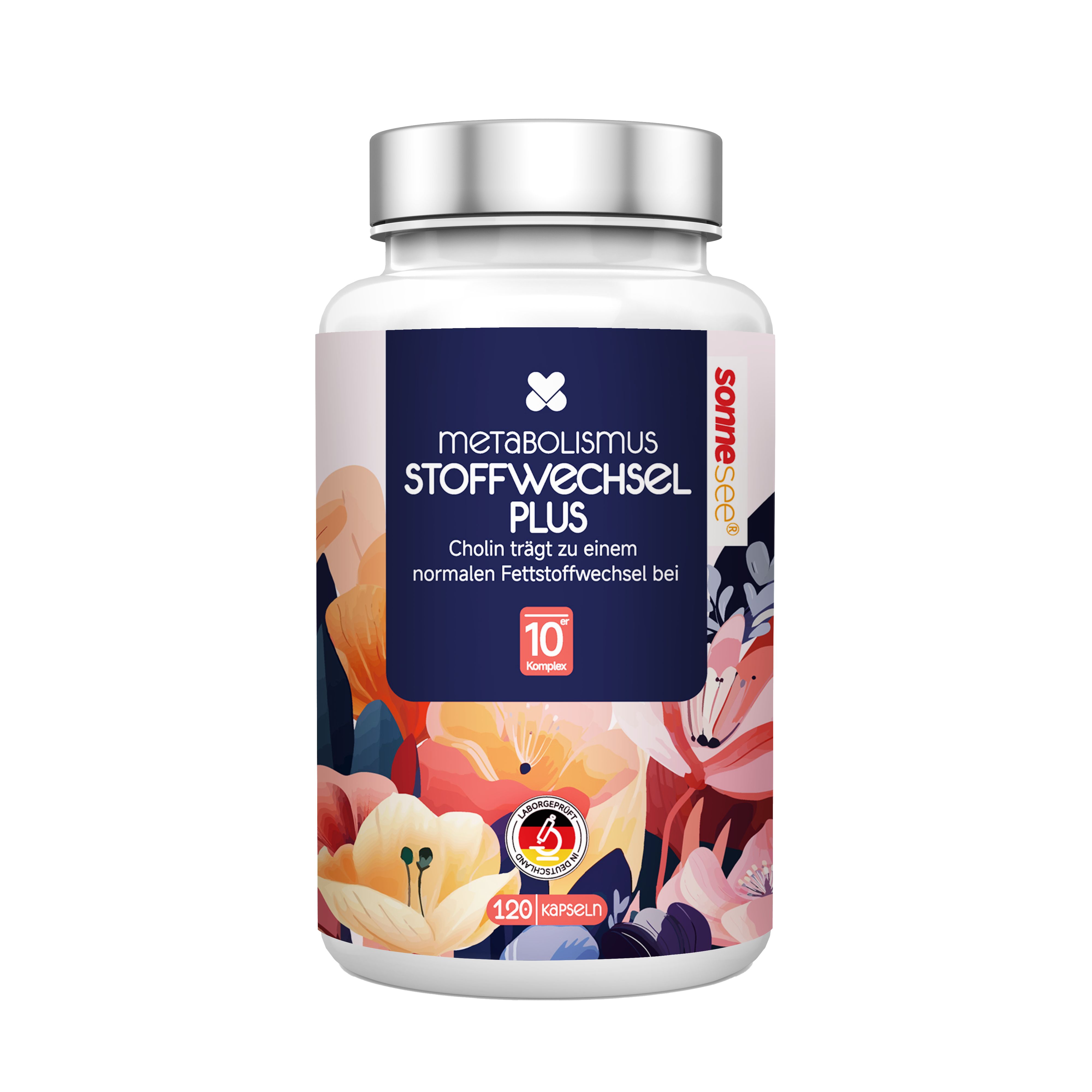 Fles SonneSee Stoffwechsel Komplex met 120 capsules en bloemenprint.