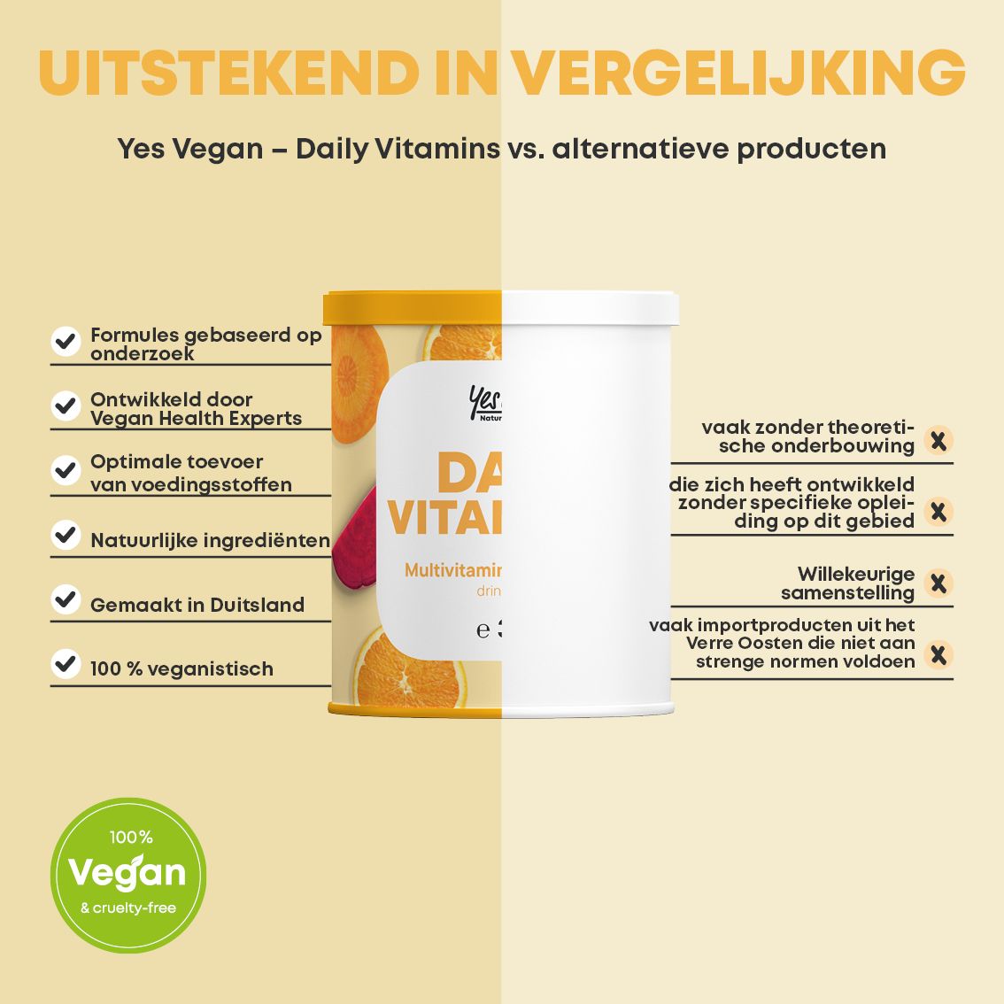 Vergelijking vitaminepoeder met alternatieve producten. Pot vitaminepoeder. Vegan-zegel.