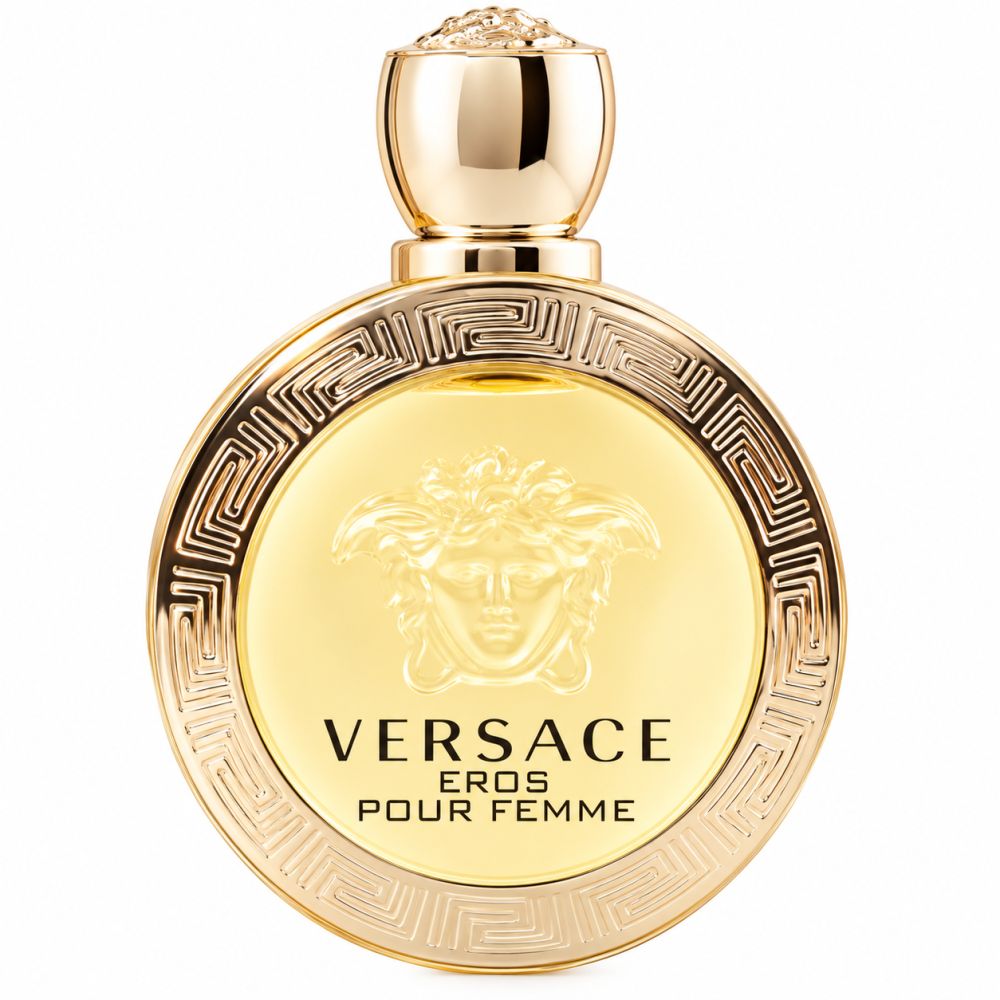 Versace Eros Pour Femme Eau de Toilette fles met gouden Medusa-hoofd detail.