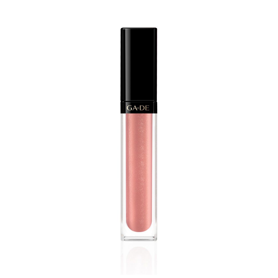 Ga-De Crystal Lights Lipgloss. Flacon transparent rectangulaire, bouchon noir. Contenu rose. Marque Ga-De.