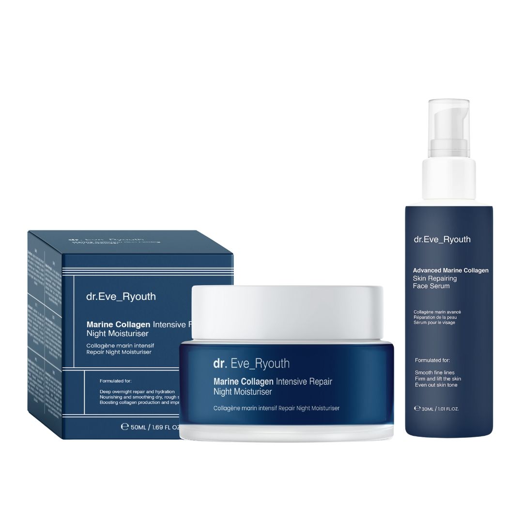 Drie producten: nachtcrème, serum en doos. Blauwe verpakking met witte tekst. "dr.Eve_Ryouth" en "Marine Collagen" zijn zichtbaar.