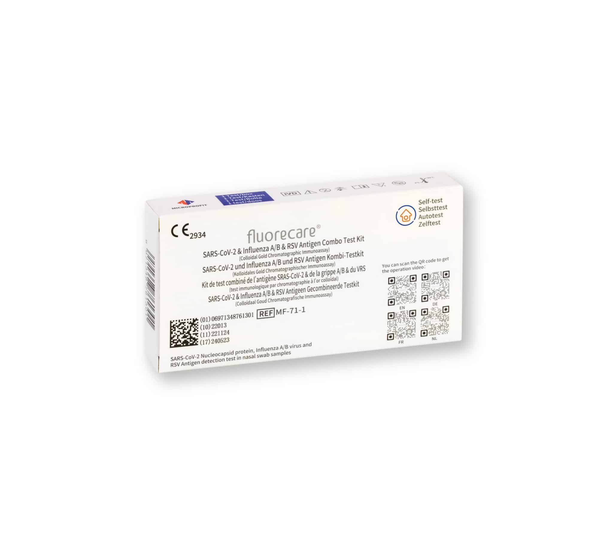 Kit combiné Fluorecare SARS-CoV-2 & Grippe A/B & RSV. Boîte blanche avec nom du produit, codes QR et marquage CE.