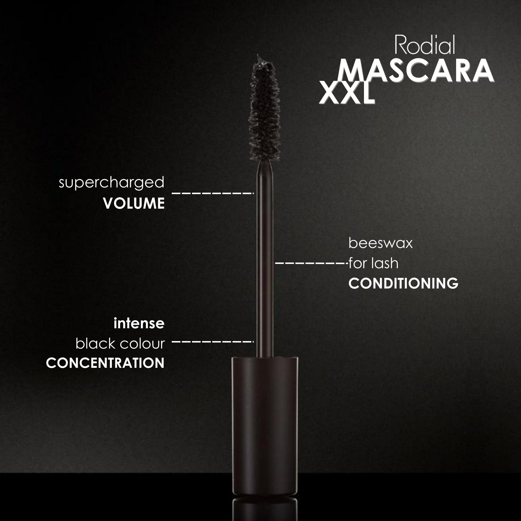 Mascara Rodial Glamolash XXL Noir : Brosse de mascara offrant un volume intense, un noir profond et un soin grâce au cire d'abeille.