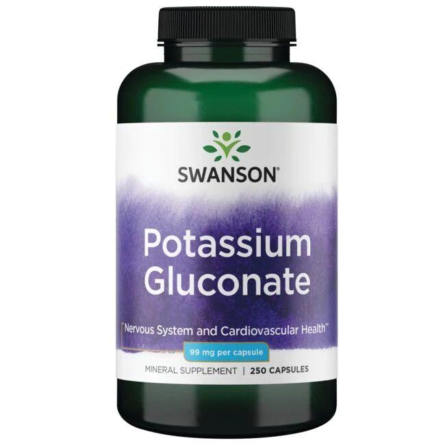 Flacon vert avec étiquette blanche. Inscription: SWANSON, Potassium Gluconate, 99 mg par capsule, 250 capsules.