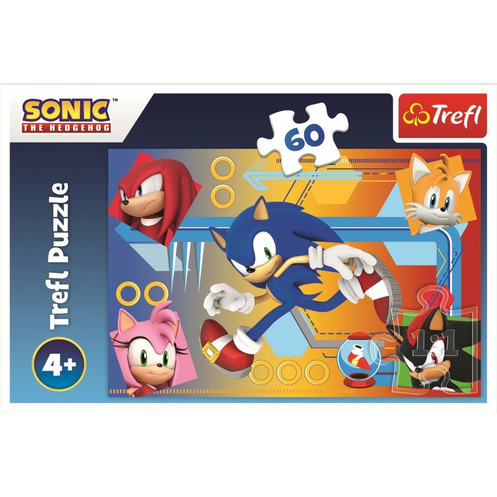Puzzle Trefl, 60 pièces, Sonic. Image de Sonic et amis. Logo Sonic the Hedgehog. Âge recommandé : 4+. Marque Trefl.