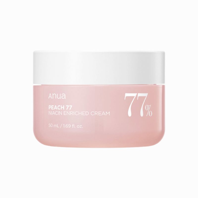 Roze crème pot met witte deksel. Opschrift: Anua, PEACH 77, Niacin Enriched Cream, 77%.