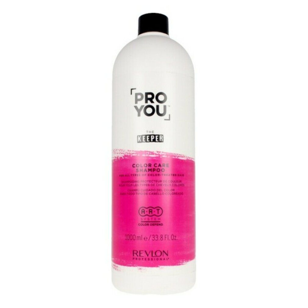Witte en roze shampoo fles met zwarte dop. Opschrift: PRO YOU, THE KEEPER, COLOR CARE SHAMPOO, Revlon Professional.