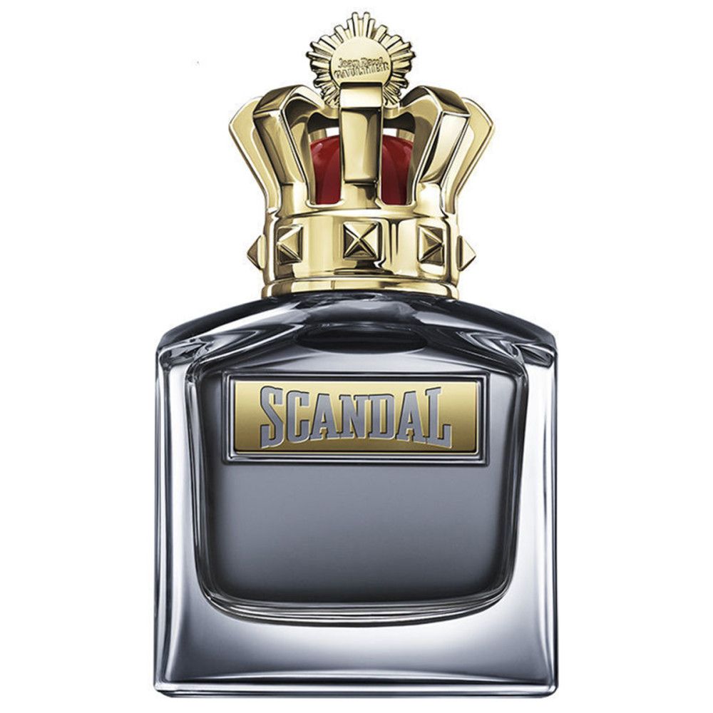 Flacon de parfum avec couronne dorée. Inscription "SCANDAL".