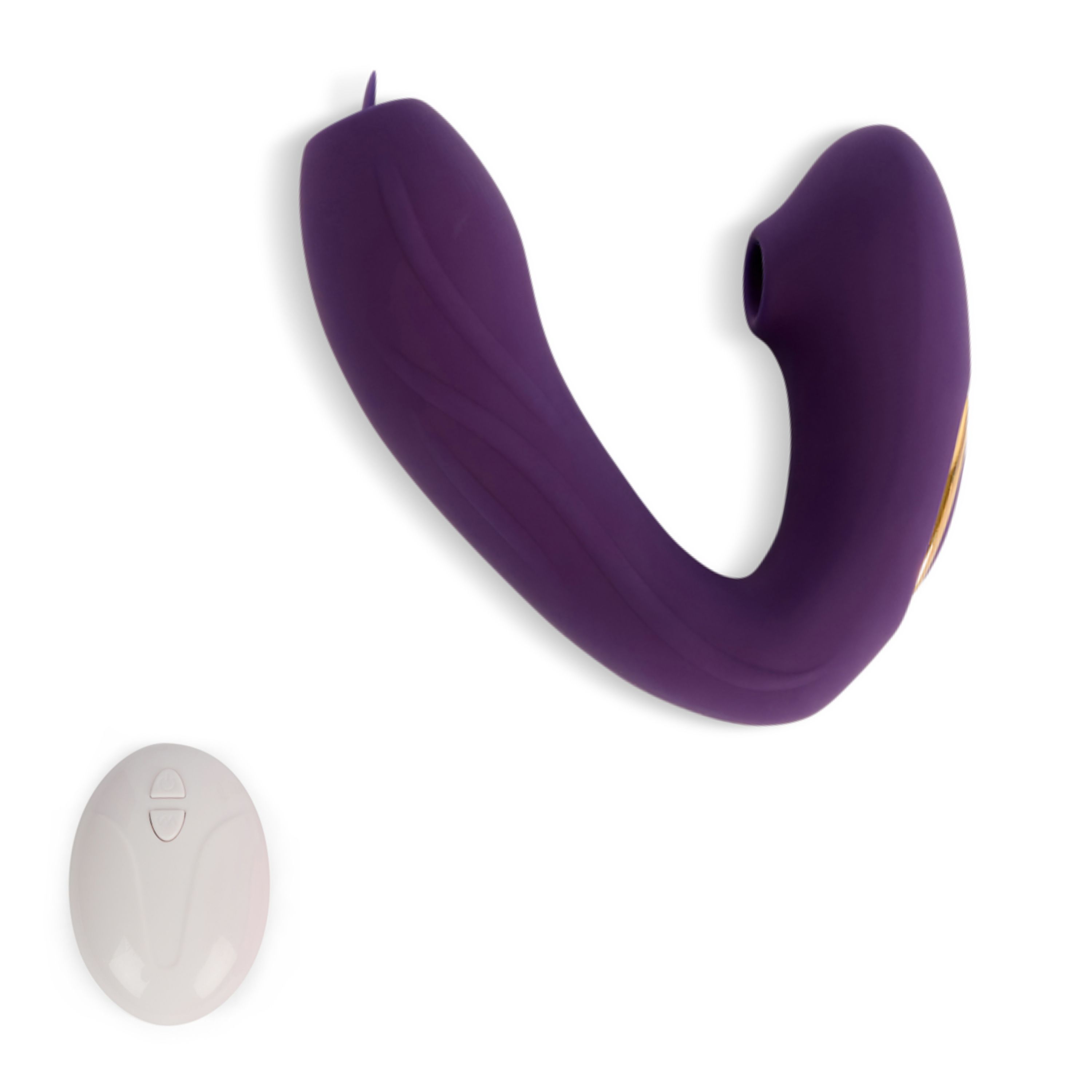 Produit violet incurvé avec ouvertures. Inclut une télécommande blanche.