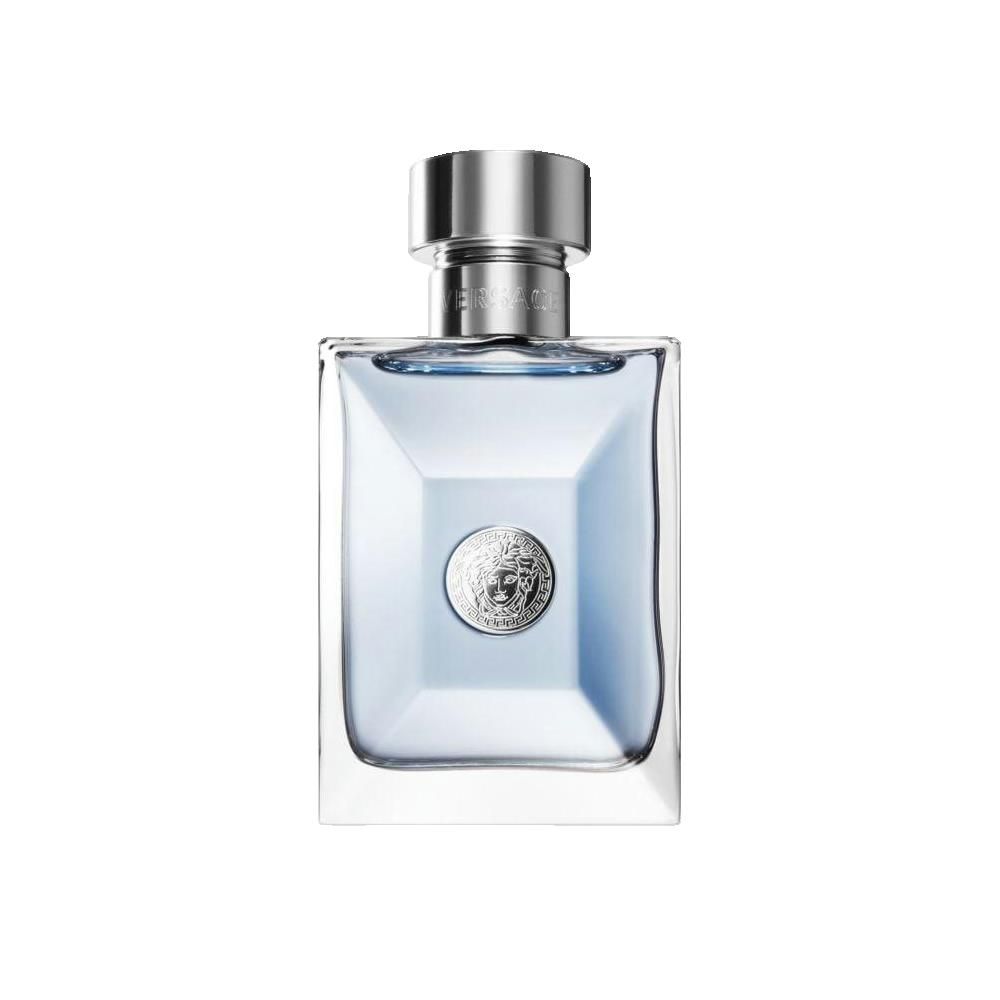 Rechthoekige fles met zilveren dop. Lichtblauwe vloeistof. Versace-logo op de voorkant.