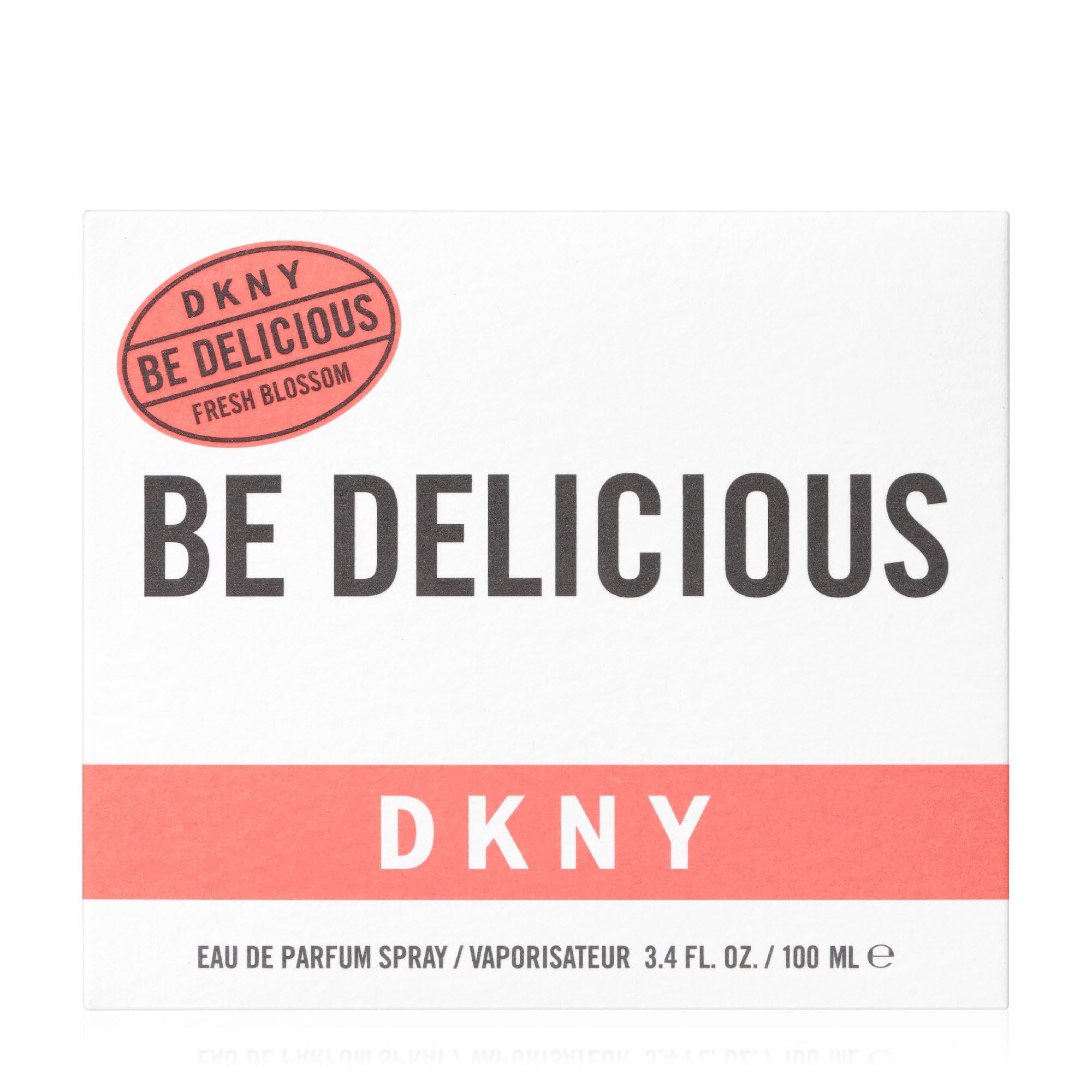 Witte verpakking met opschrift: DKNY Be Delicious Fresh Blossom. Rode streep en logo.