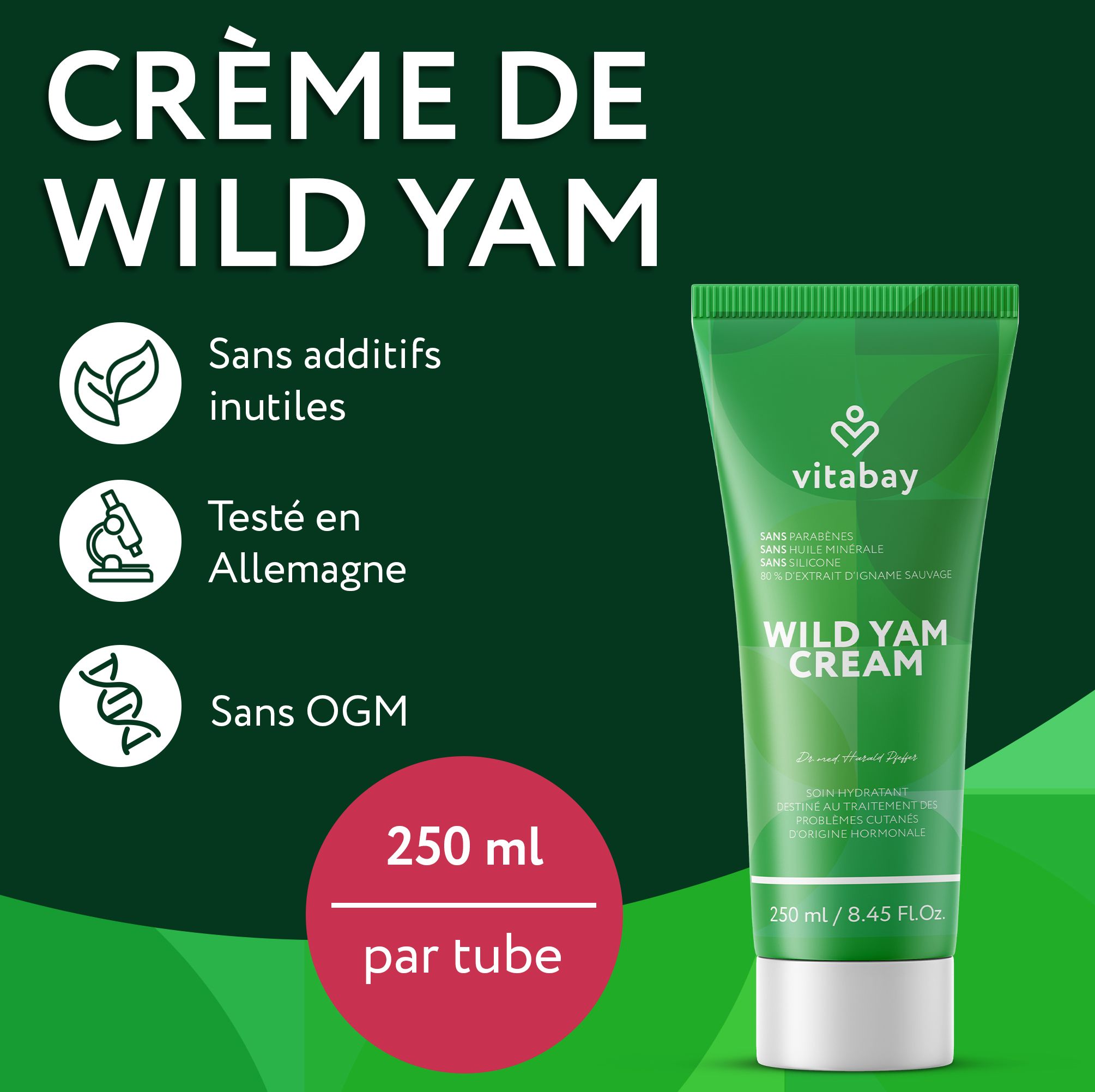 Tube Vitabay Wild Yam Cream. Sans additifs, testé en Allemagne, sans OGM. 250ml.