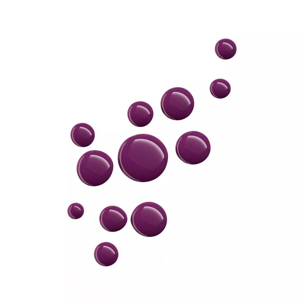 Plusieurs gouttes violettes de différentes tailles sur fond blanc. Surface brillante.