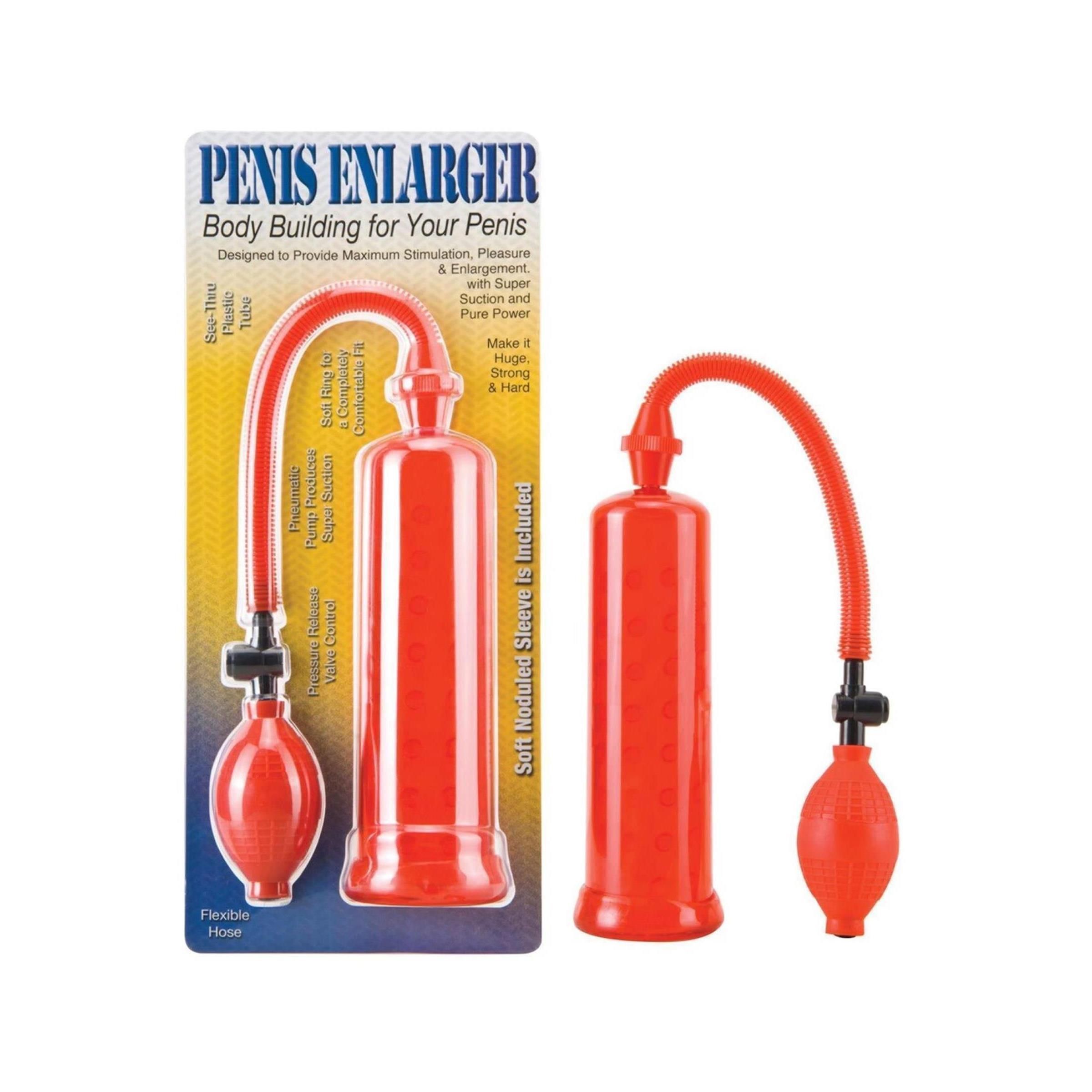 Rode penis-pomp met transparante cilinder, zwart ventiel en rode balg.