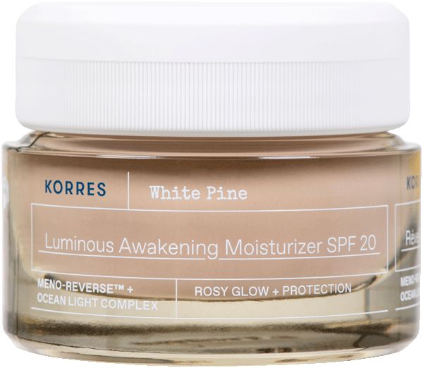 Glazen pot met witte deksel. Opschrift: White Pine, Luminous Awakening Moisturizer SPF 20, KORRES. Crème zichtbaar.