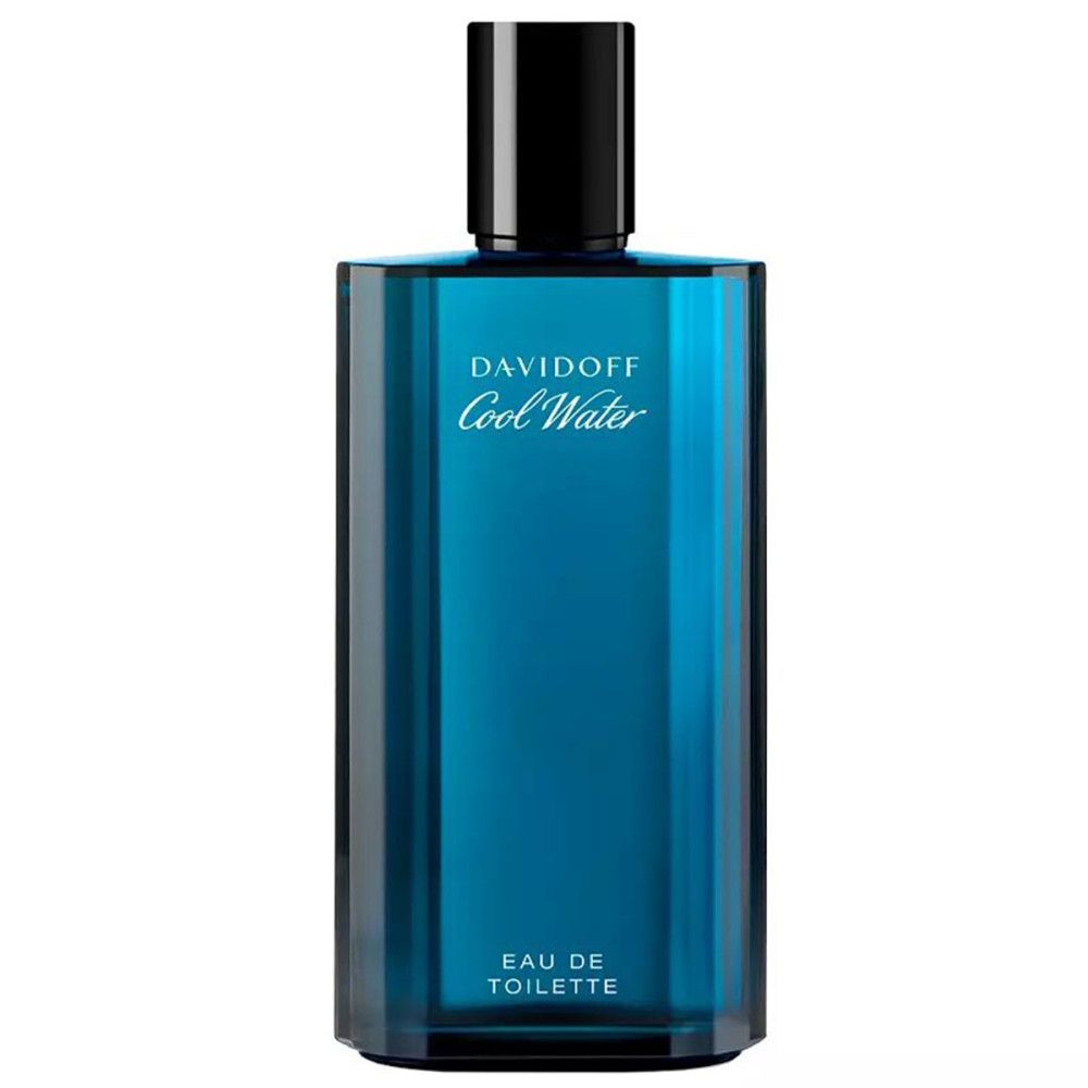 Davidoff Cool Water Eau de Toilette fles. Blauw glas, zwarte dop. Opschrift: Davidoff Cool Water, Eau de Toilette.