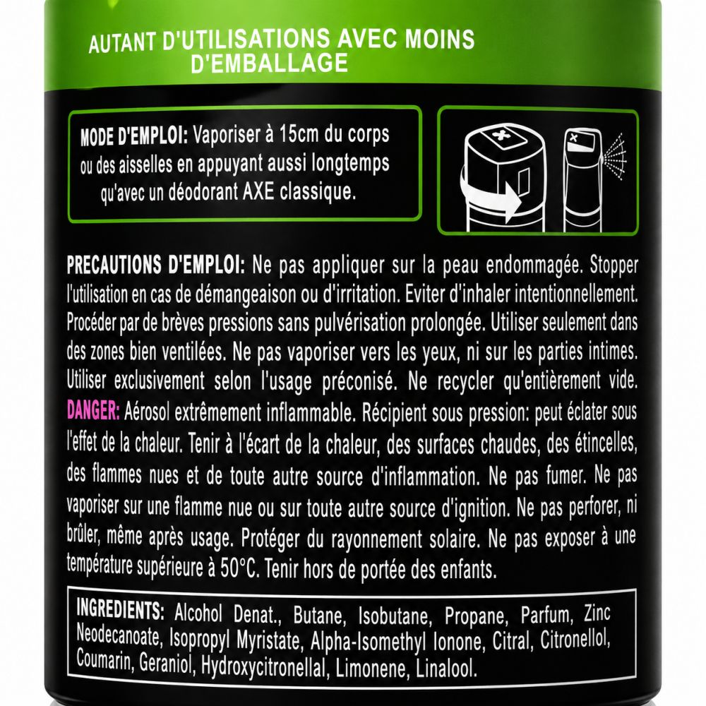 Arrière d'une boîte de déodorant AXE avec instructions d'utilisation et ingrédients.