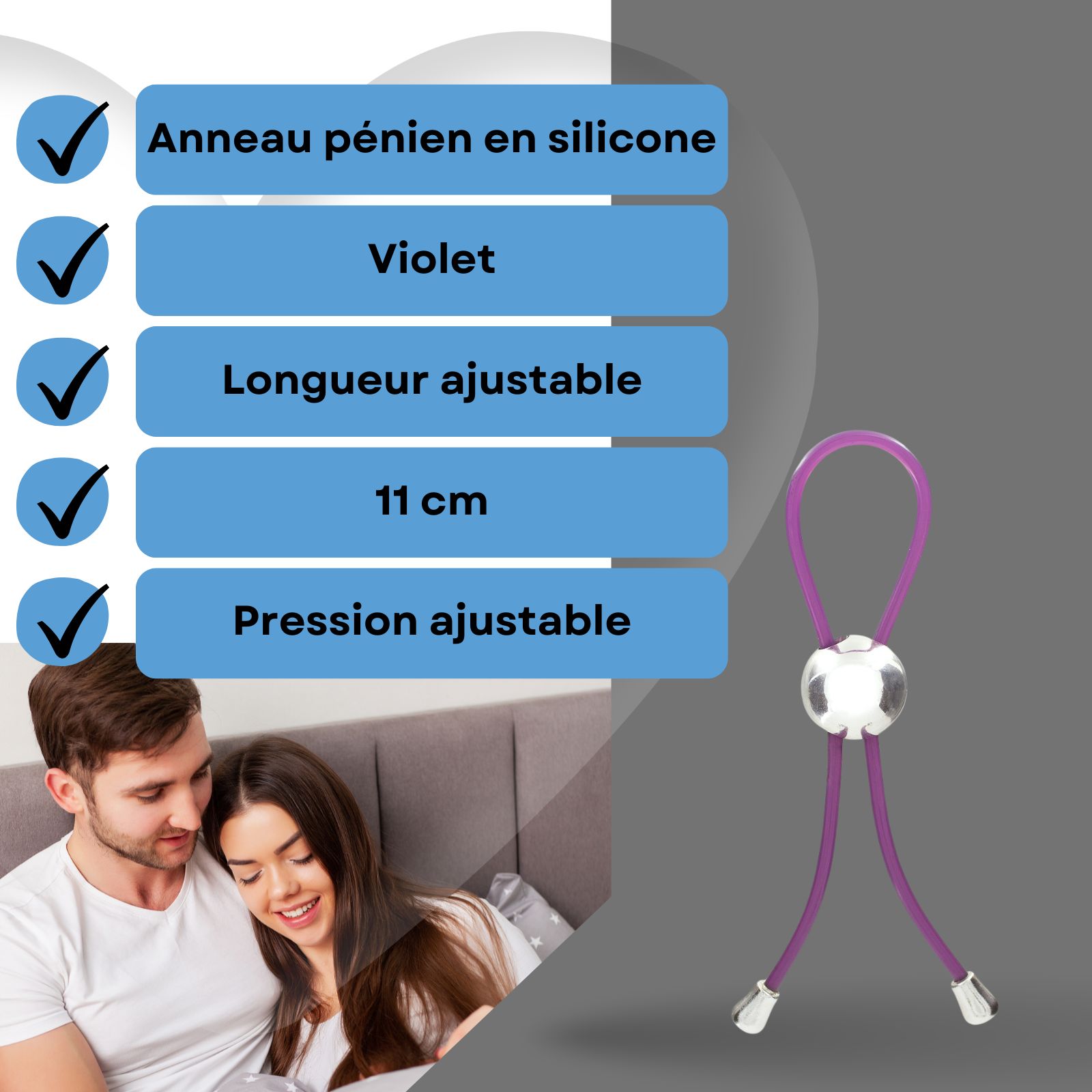 Anneau pénien en silicone violet. Couple au lit. Texte: Anneau pénien en silicone, Violet, Longueur ajustable, 11 cm.