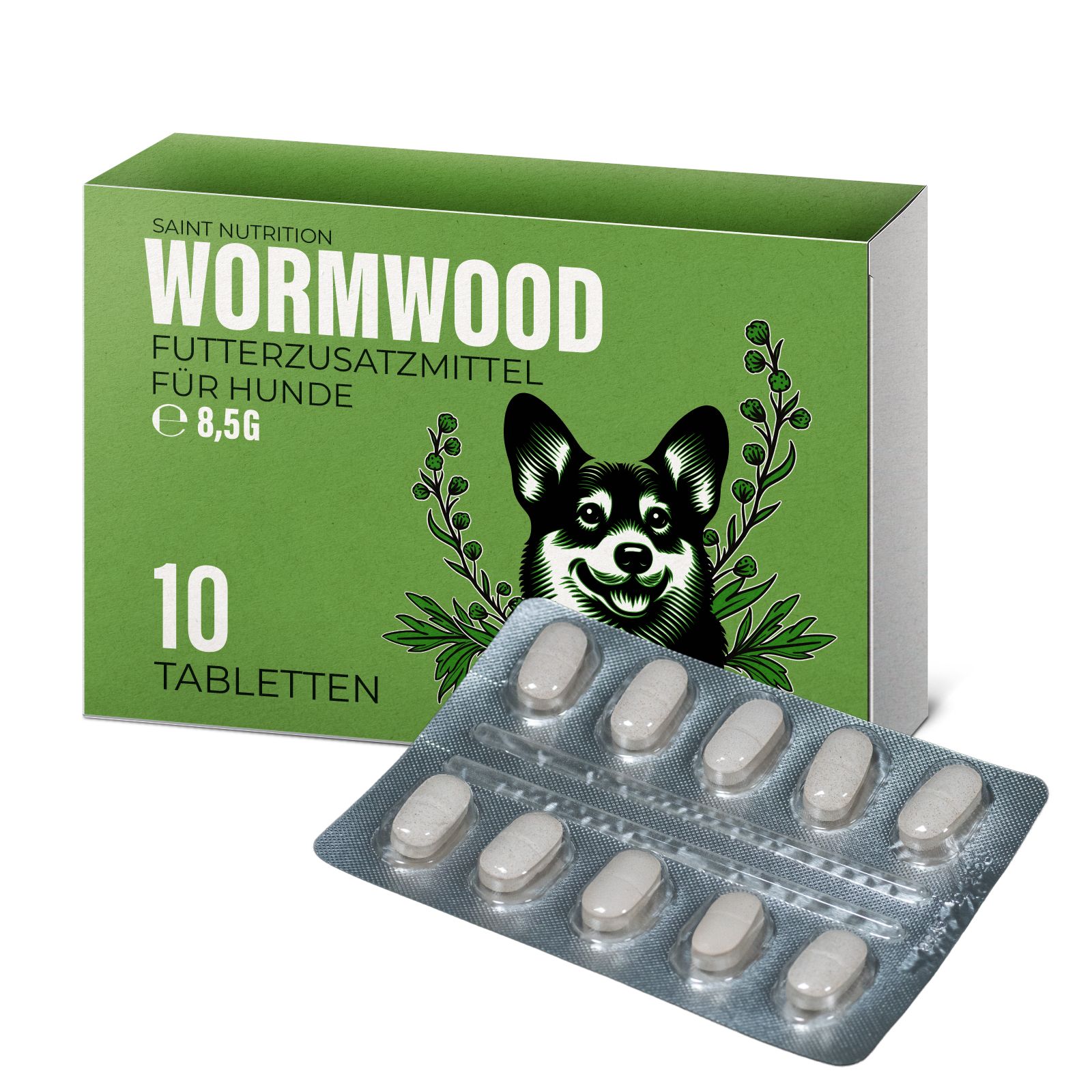 Emballage vert et blister de comprimés. Texte : Saint Nutrition, Wurmwood, complément alimentaire pour chiens. 10 comprimés. E 8,5g. Illustration de chien.