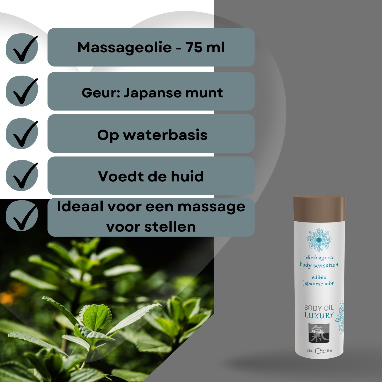 Fles Shiatsu Body Oil Luxury naast een vrouw die haar gezicht aanraakt. Aromatische olie.