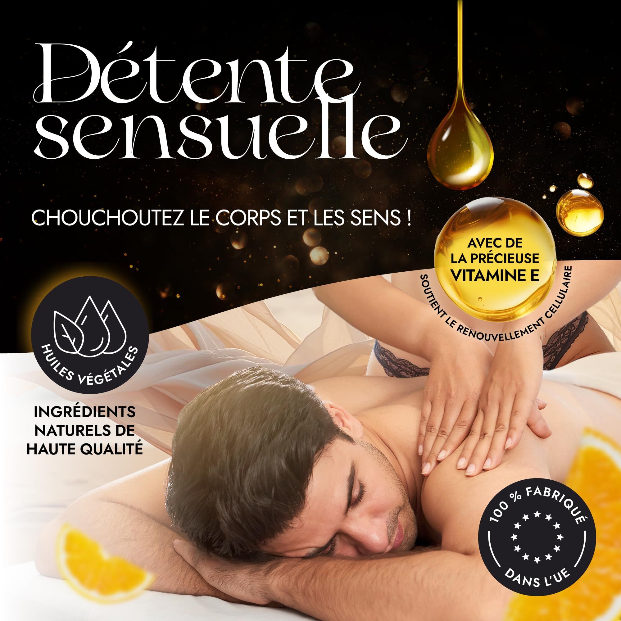 Un homme reçoit un massage du dos, entouré de tranches d'orange et de gouttes d'huile.