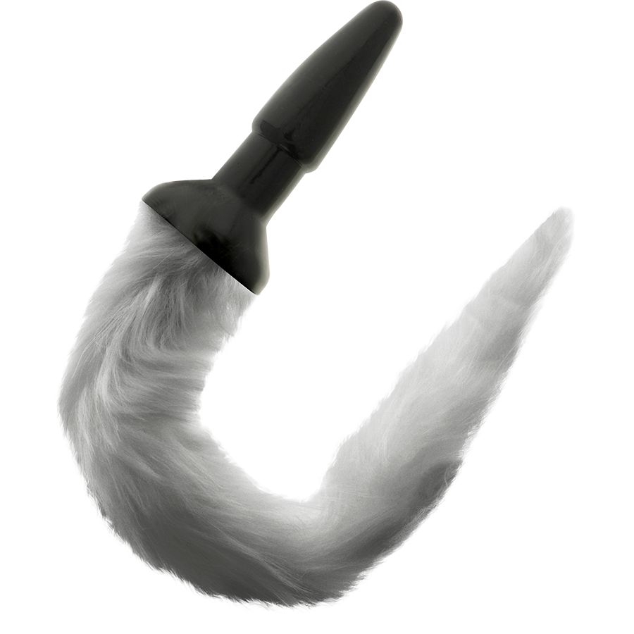 Plug anal en silicone noir avec une longue queue en fausse fourrure grise et douce, isolé.