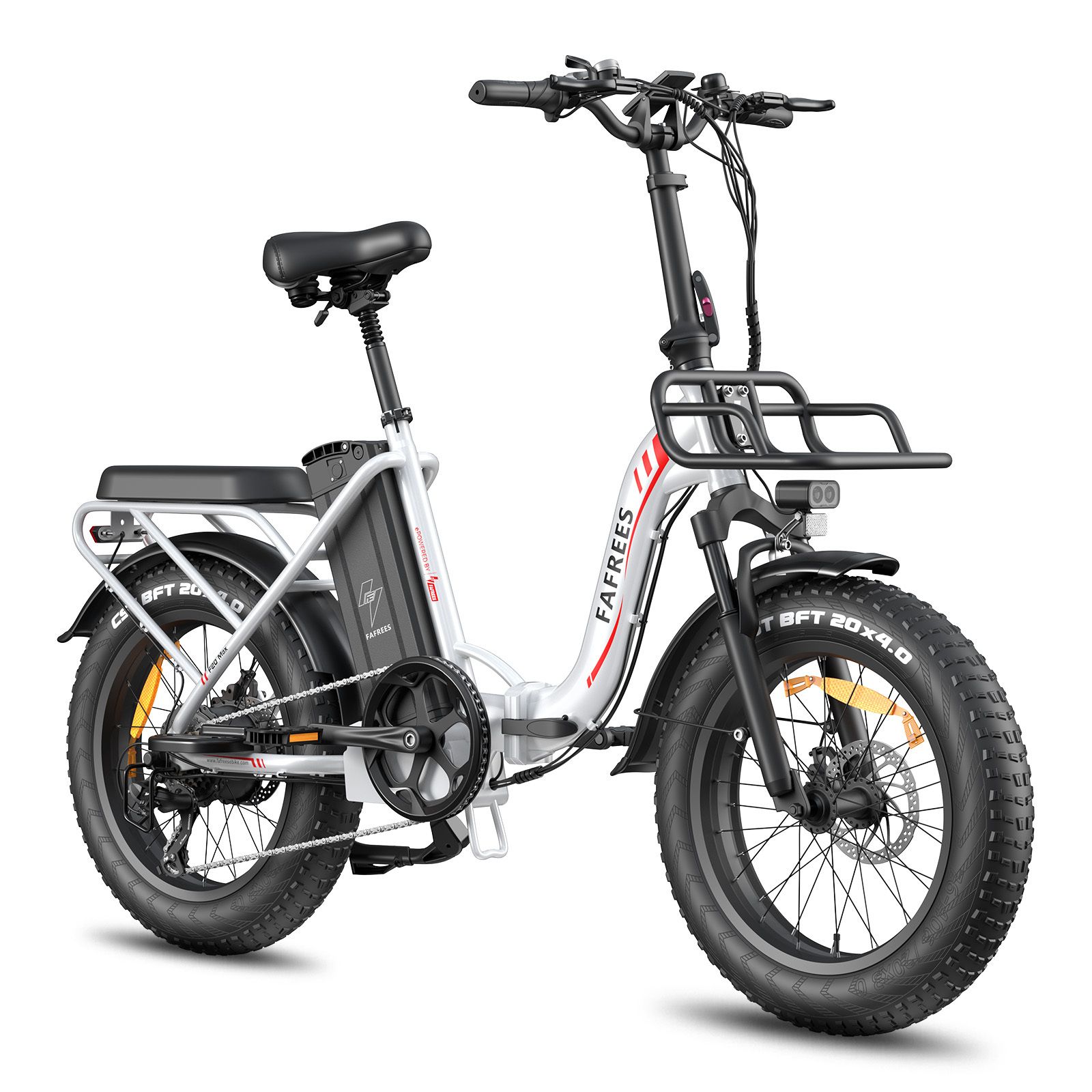 Vélo électrique pliable blanc, selle et pneus noirs. Logo FAFREES visible. Porte-bagages.