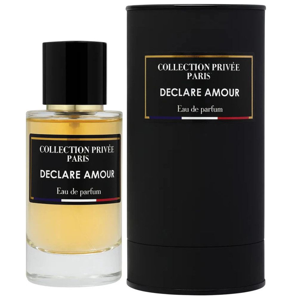 Parfumfles en zwarte verpakking. Opschrift: Collection Privée Paris, Declare Amour, Eau de parfum. Franse vlag.