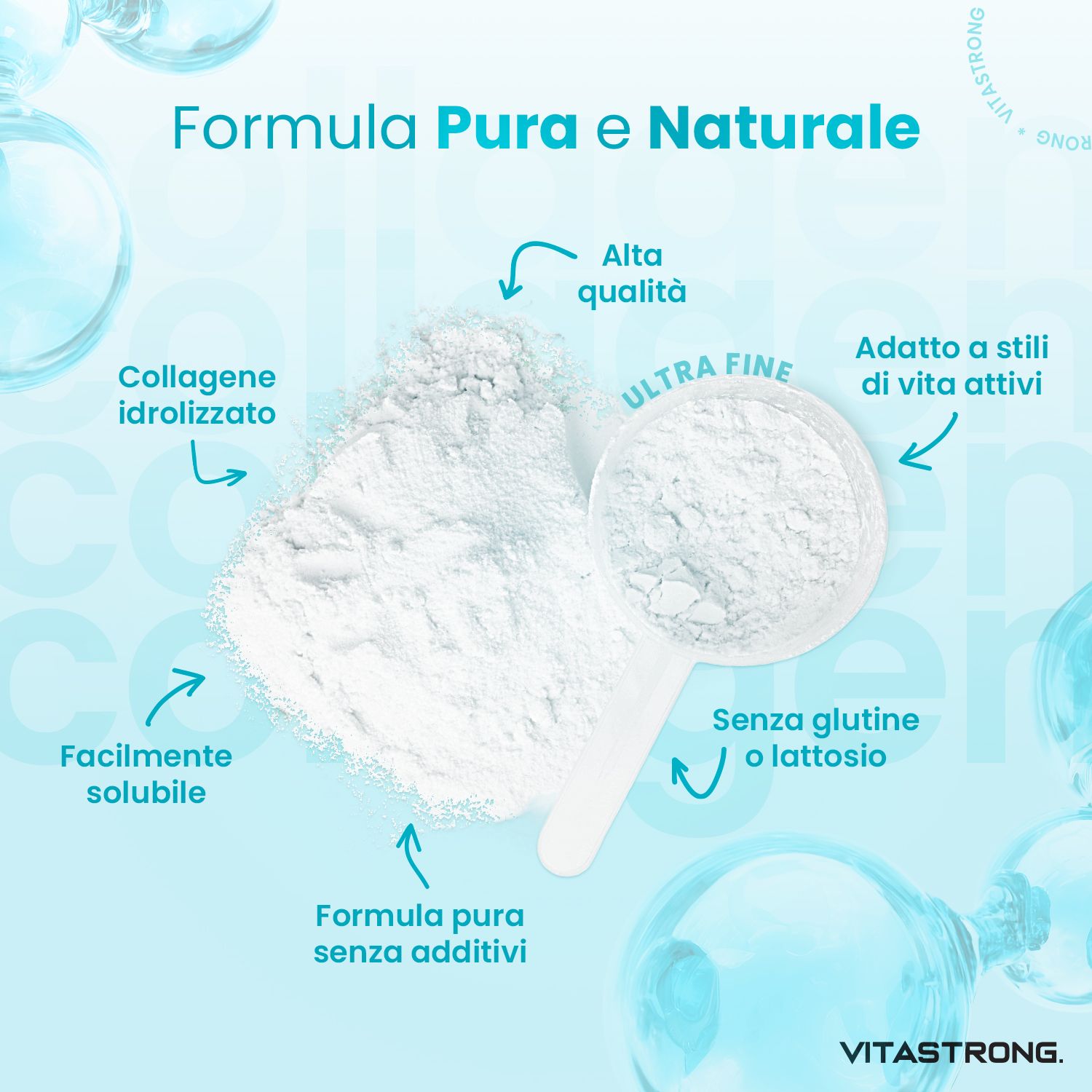 Vitastrong Collagène, poudre et cuillère. Texte: facilement soluble, sans gluten ni lactose, formule pure sans additifs.
