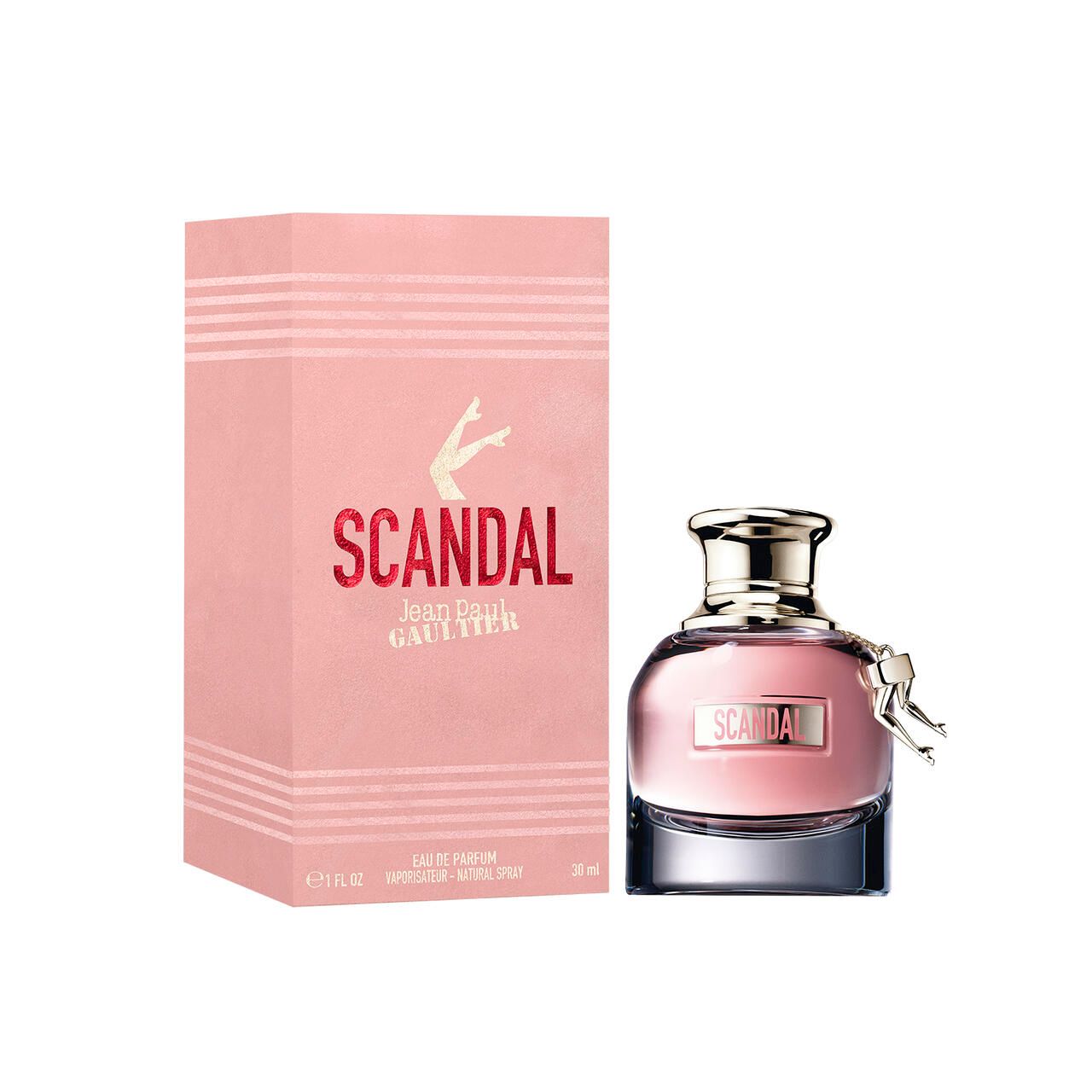 Boîte rose et flacon. Inscription "SCANDAL" et "Jean Paul Gaultier". Flacon avec jambes dorées.