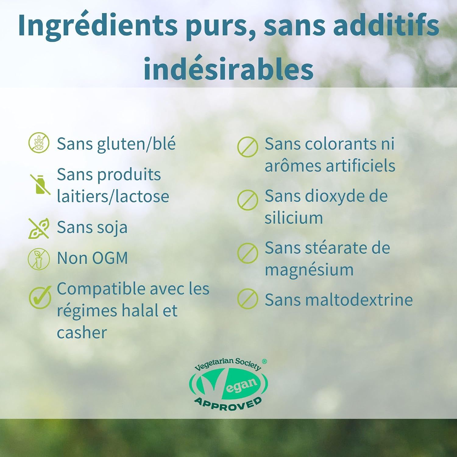 Liste d'ingrédients : Sans gluten/blé, produits laitiers/lactose, soja, OGM. Sans colorants/arômes artificiels, dioxyde de silicium, stéarate de magnésium, maltodextrine. Certifié vegan.