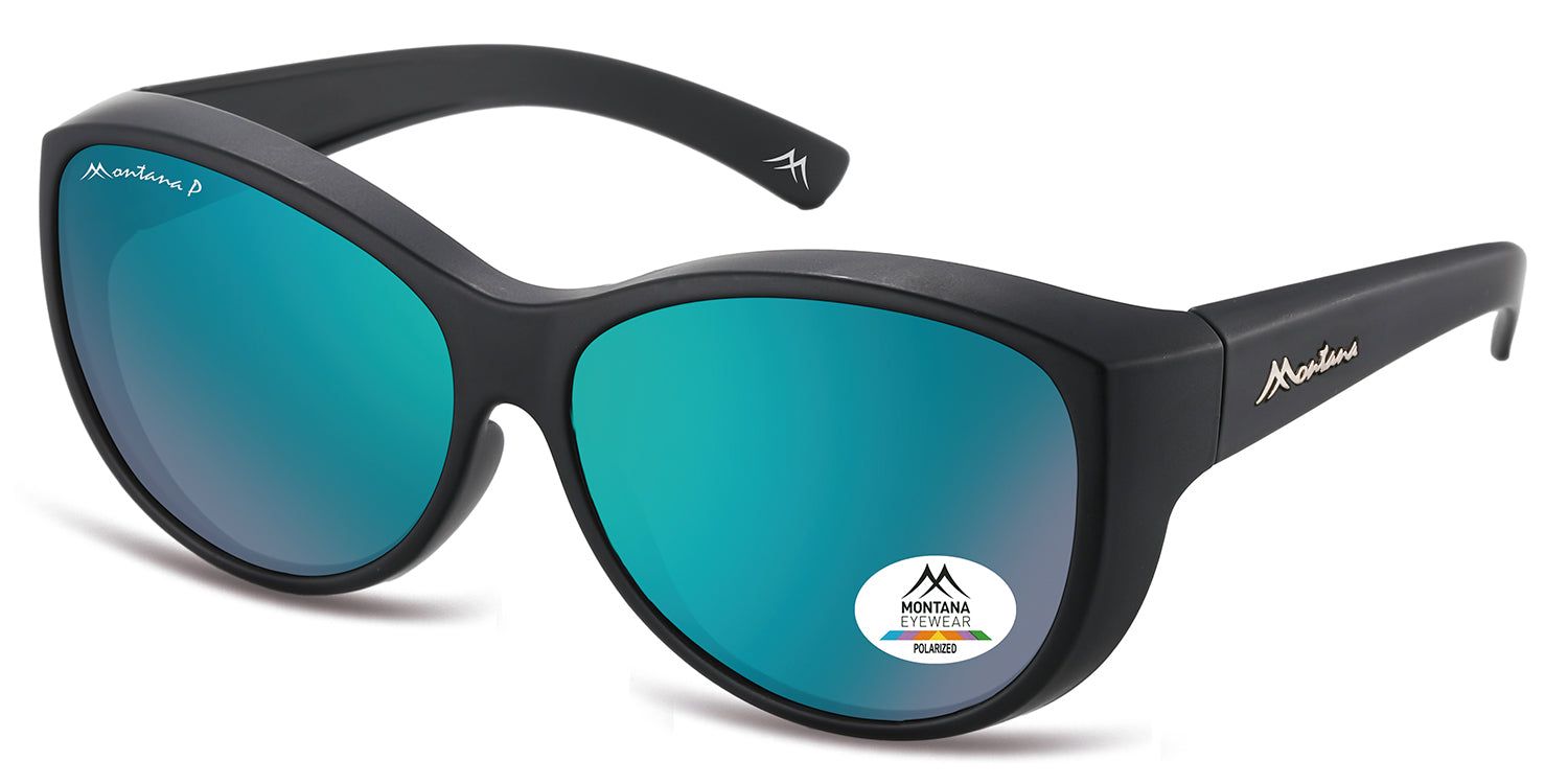 Zwarte zonnebril met blauw reflecterende glazen. Montana Eyewear logo op de poot en het glas. Polarisatie sticker.
