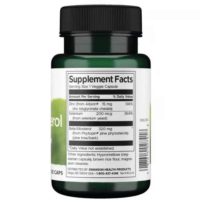 Achterkant van een groene fles. Opschrift: Supplement Facts. Bevat Beta-Sitosterol 320 mg. Ingrediëntenlijst en voedingswaarde-informatie.
