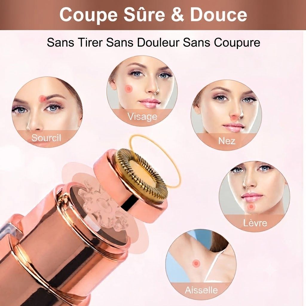 Dépilateur or rose avec lame fine et anneau de protection. Montre les zones d'application sur le visage et sous les aisselles.