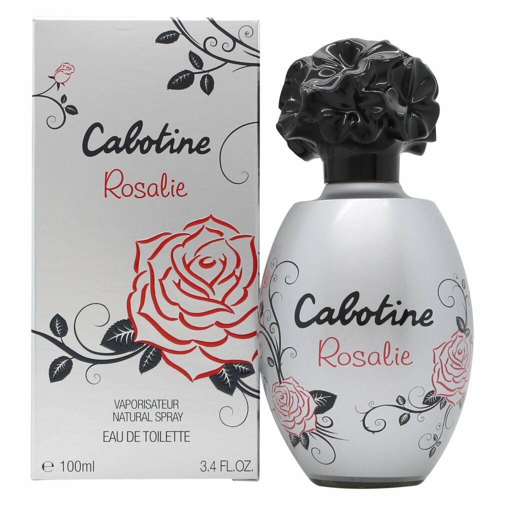 Flacon et boîte. Flacon argenté, bouchon noir en fleur. Inscription Cabotine Rosalie. Boîte avec rose.