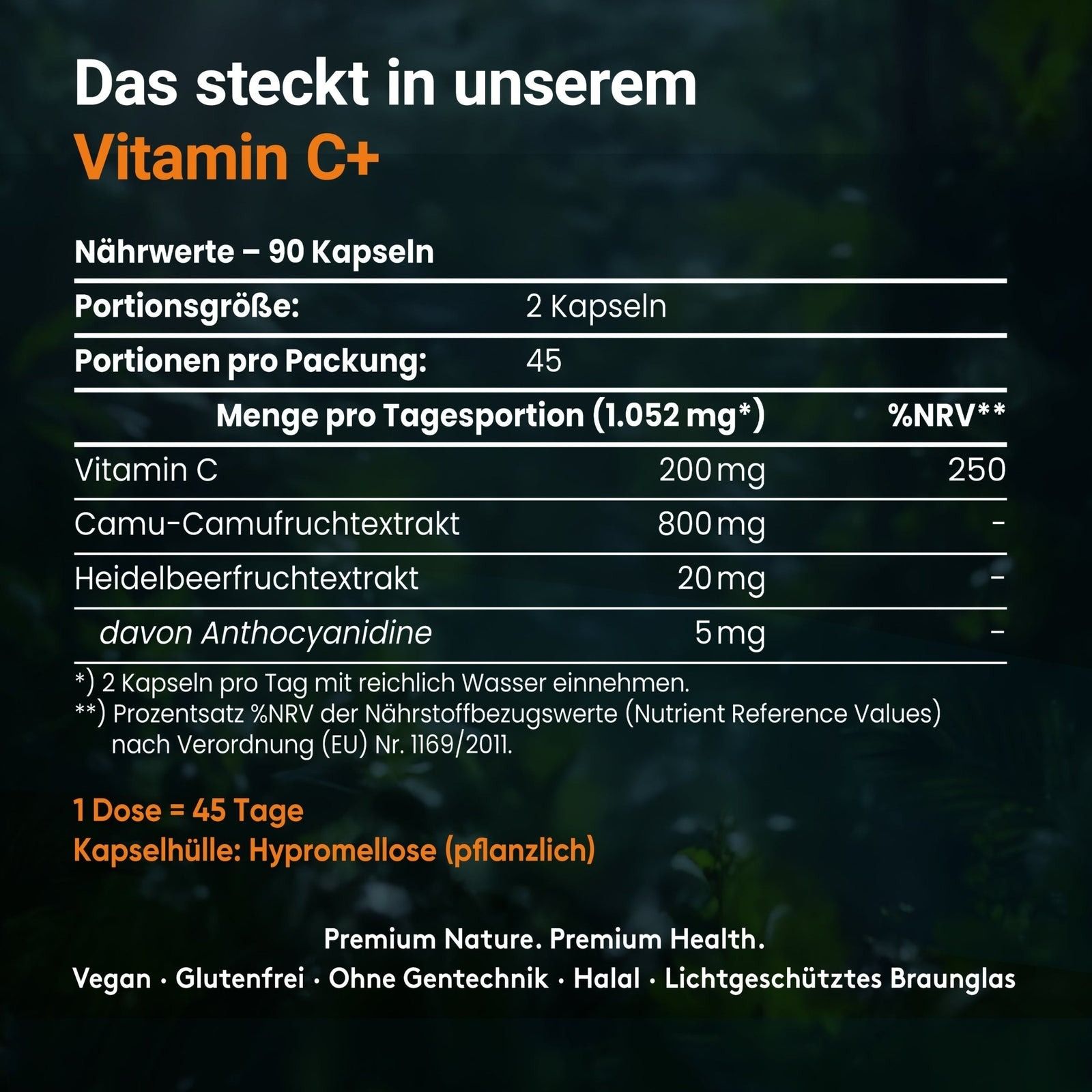 Tableau nutritionnel des gélules de vitamine C+. Informations sur la vitamine C, le camu-camu, la myrtille. 90 gélules par paquet. Vegan, sans gluten, sans OGM.