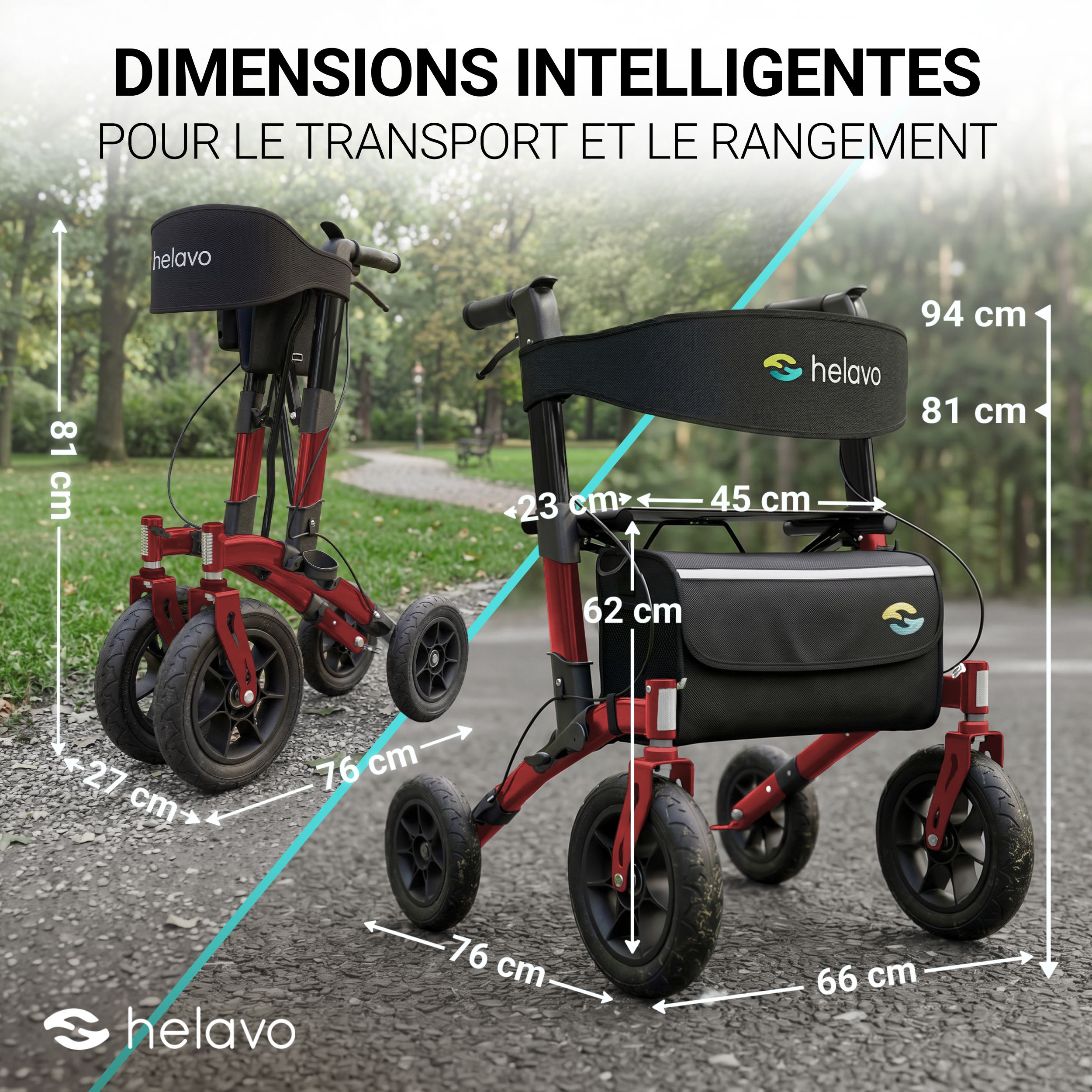Helavo Déambulateur d'extérieur avec roues en caoutchouc plein et siege pliable 9,5kg