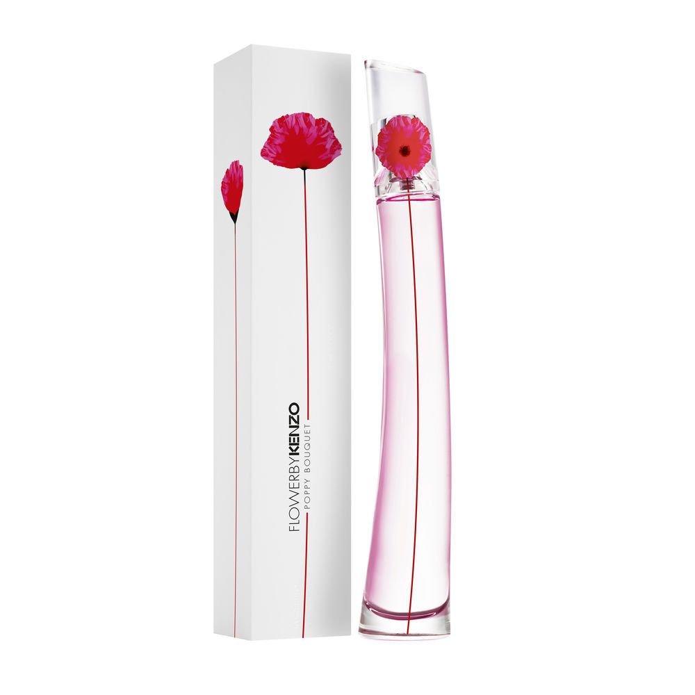 Parfumfles met rode bloem en witte verpakking. Opschrift: Flower by Kenzo Poppy Bouquet.