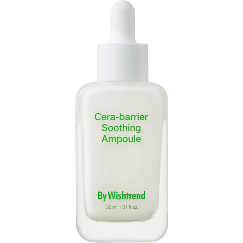 Fles met pipet. Tekst: Cera-barrier Soothing Ampoule, By Wishtrend. Witte vloeistof in een vierkante fles.